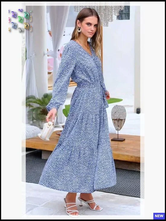 Long Sleeve Wrap V Neck Floral Maxi Dress Boho Chiffon Flowy Tie Waist - Picture 7 of 7